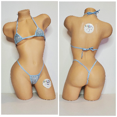 Glittery Baby Blue with Baby Blue Trim 2 Piece Micro String Bikini Set One Size-5