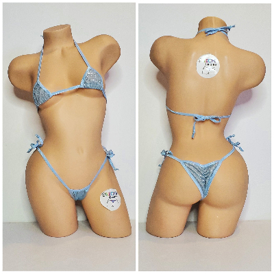 Glittery Baby Blue with Baby Blue Trim 2 Piece Micro String Bikini Set One Size-7