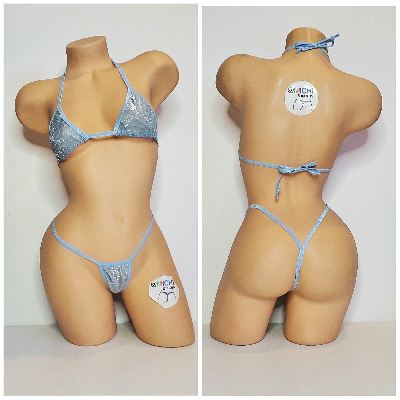 Glittery Baby Blue with Baby Blue Trim 2 Piece Micro String Bikini Set One Size-9