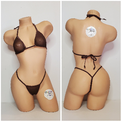 Chocolate Brown Mesh ***VERY SHEER*** with Brown Trim 2pc Bikini Set One Size-6