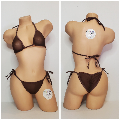Chocolate Brown Mesh ***VERY SHEER*** with Brown Trim 2pc Bikini Set One Size-9