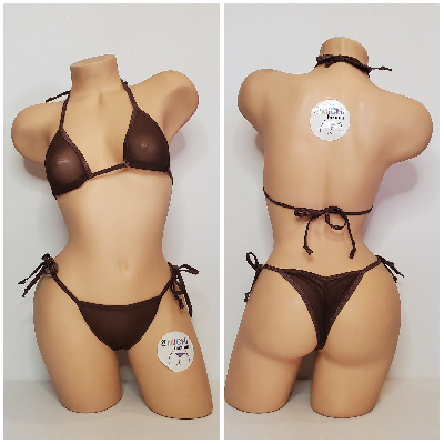 Chocolate Brown Mesh ***VERY SHEER*** with Brown Trim 2pc Bikini Set One Size-10