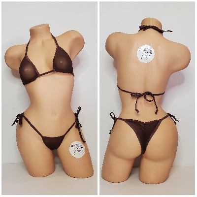 Chocolate Brown Mesh ***VERY SHEER*** with Brown Trim 2pc Bikini Set One Size-11