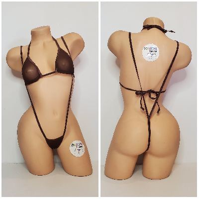 Chocolate Brown Mesh ***VERY SHEER*** with Brown Trim 2pc Bikini Set One Size-12