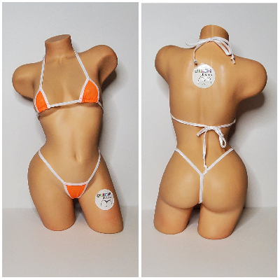 Neon Orange Mesh (Very Sheer) with Your Choice Trim Color 2 Piece Micro Bikini Set-8