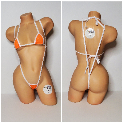 Neon Orange Mesh (Very Sheer) with Your Choice Trim Color 2 Piece Micro Bikini Set-12