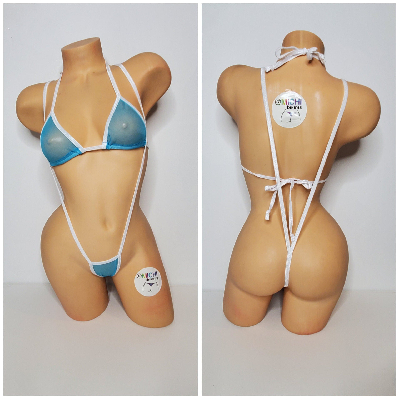 Bright Blue Mesh (Very Sheer) with Your Choice Trim Color  2 Piece Micro Bikini Set-1