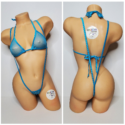 Bright Blue Mesh (Very Sheer) with Your Choice Trim Color  2 Piece Micro Bikini Set-2