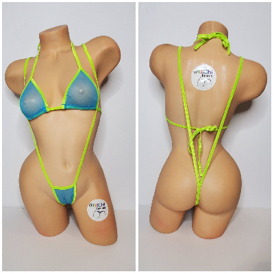 Bright Blue Mesh (Very Sheer) with Your Choice Trim Color  2 Piece Micro Bikini Set-3
