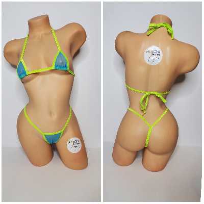 Bright Blue Mesh (Very Sheer) with Your Choice Trim Color  2 Piece Micro Bikini Set-6