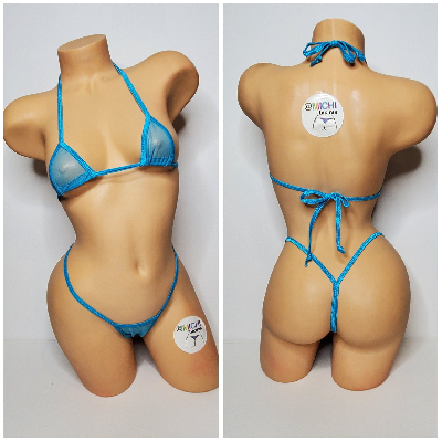 Bright Blue Mesh (Very Sheer) with Your Choice Trim Color  2 Piece Micro Bikini Set-7