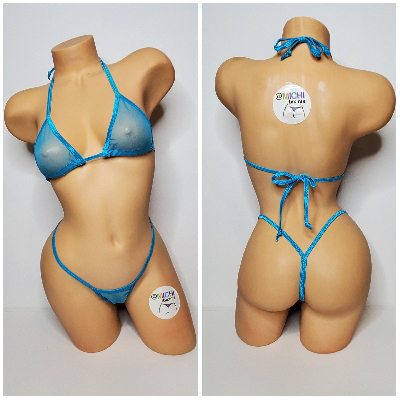 Bright Blue Mesh (Very Sheer) with Your Choice Trim Color  2 Piece Micro Bikini Set-13