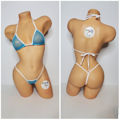 Bright Blue Mesh (Very Sheer) with Your Choice Trim Color  2 Piece Micro Bikini Set-14