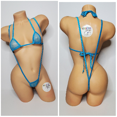 Bright Blue Mesh (Very Sheer) with Your Choice Trim Color  2 Piece Micro Bikini Set-16