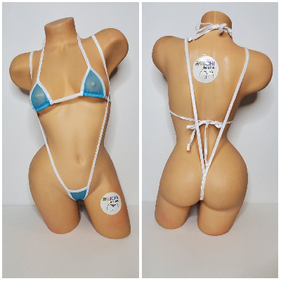 Bright Blue Mesh (Very Sheer) with Your Choice Trim Color  2 Piece Micro Bikini Set-17