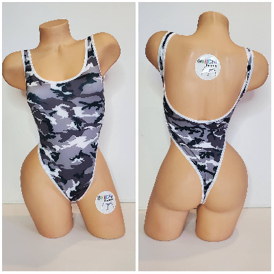 Black, Grey and White Camouflage with White Trim 1 Piece Bodysuit Size SMALL-0