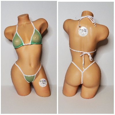 Seafoam Green Mesh ***VERY SHEER*** with White Trim 2 Piece Micro Bikini Set-0