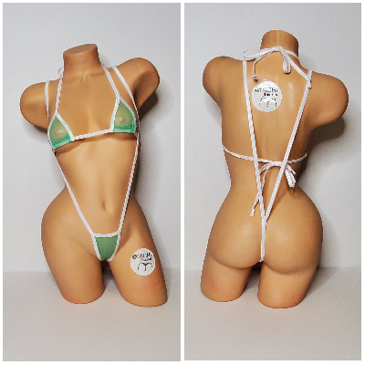 Seafoam Green Mesh ***VERY SHEER*** with White Trim 2 Piece Micro Bikini Set-1