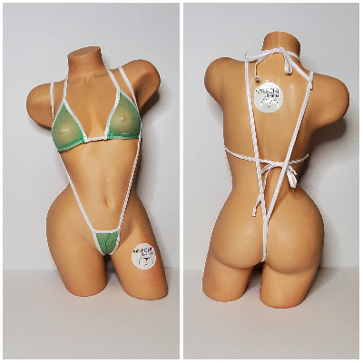 Seafoam Green Mesh ***VERY SHEER*** with White Trim 2 Piece Micro Bikini Set-2