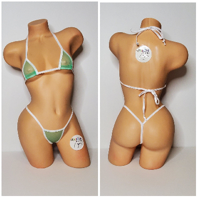 Seafoam Green Mesh ***VERY SHEER*** with White Trim 2 Piece Micro Bikini Set-3