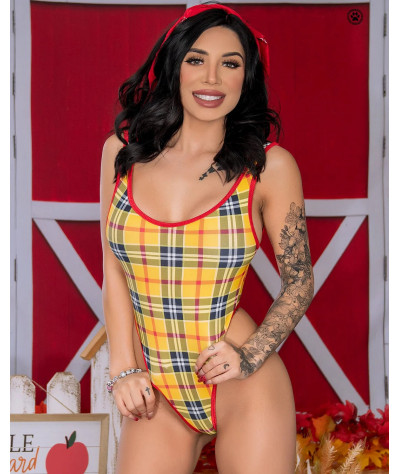 Yellow, Red, and Black Plaid Pattern with Your Choice Trim Color 1 Piece Bodysuit Size SMALL