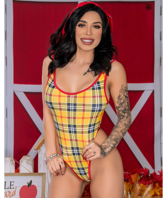 Yellow, Red, and Black Plaid Pattern with Your Choice Trim Color 1 Piece Bodysuit Size SMALL