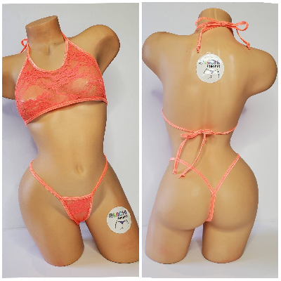 Neon Peach Lace *VERY SHEER* w/ Neon Peach Trim  2 Piece Micro Bikini Set-3