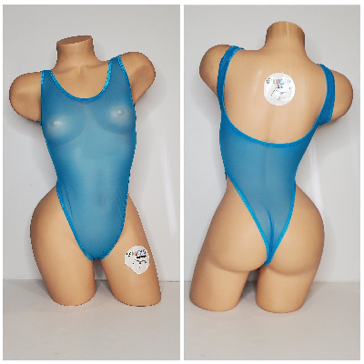 Bright Blue Mesh with Your Choice Trim Color ***VERY SHEER*** 1 Piece Bodysuit Size SMALL-2
