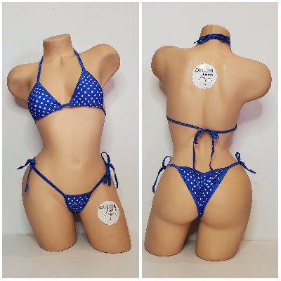 Blue with Small White Polka Dots with Your Choice Trim 2pc String Bikini Set One Size-1