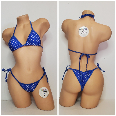 Blue with Small White Polka Dots with Your Choice Trim 2pc String Bikini Set One Size-2