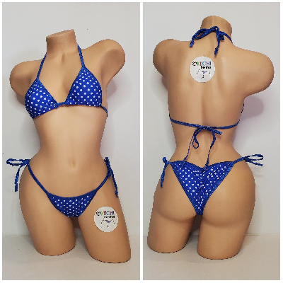 Blue with Small White Polka Dots with Your Choice Trim 2pc String Bikini Set One Size-3