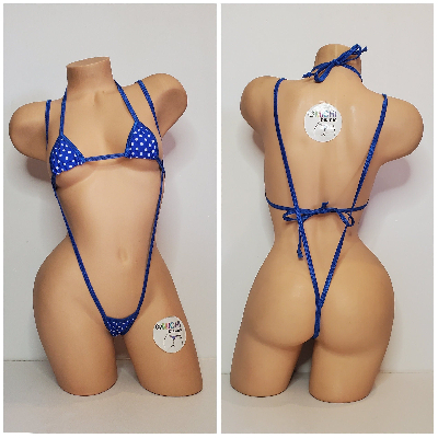 Blue with Small White Polka Dots with Your Choice Trim 2pc String Bikini Set One Size-6