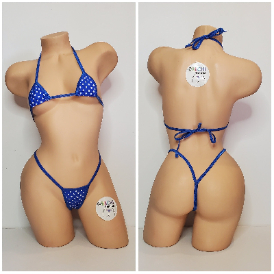 Blue with Small White Polka Dots with Your Choice Trim 2pc String Bikini Set One Size-8