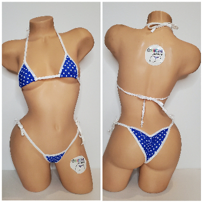 Blue with Small White Polka Dots with Your Choice Trim 2pc String Bikini Set One Size-9