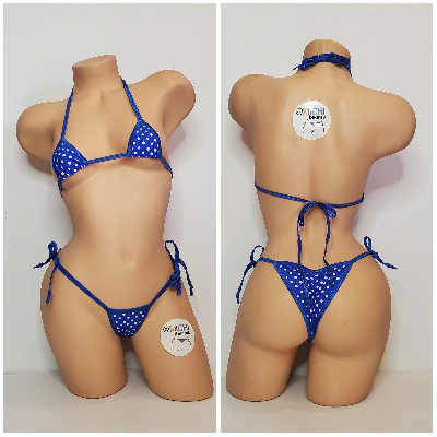 Blue with Small White Polka Dots with Your Choice Trim 2pc String Bikini Set One Size-10