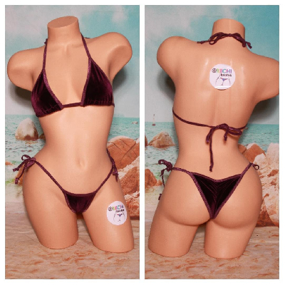 Plum Purple Velvet Stretch Fabric w Plum Trim  2 Piece Micro Bikini Set-1