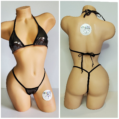 Chrome Silver w Black Trim Medium Coverage Top Y Back Thong Bottom 2 Piece Micro Bikini Set-0