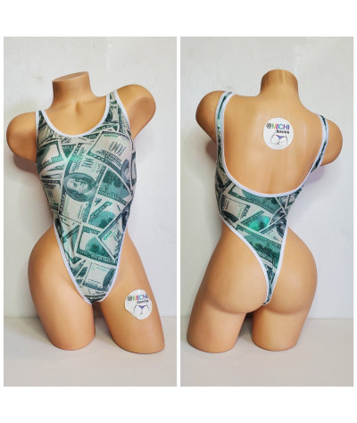 Green Hundred Dollar Bills Pattern with White Trim 1 Piece Bodysuit Size SMALL