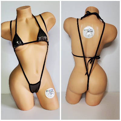 Chrome Silver w Black Trim Medium Coverage Top Y Back Thong Bottom 2 Piece Micro Bikini Set-1
