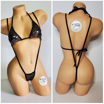 Chrome Silver w Black Trim Medium Coverage Top Y Back Thong Bottom 2 Piece Micro Bikini Set-3