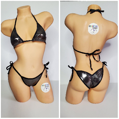 Chrome Silver w Black Trim Medium Coverage Top Y Back Thong Bottom 2 Piece Micro Bikini Set-4