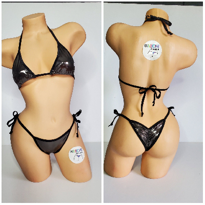 Chrome Silver w Black Trim Medium Coverage Top Y Back Thong Bottom 2 Piece Micro Bikini Set-5