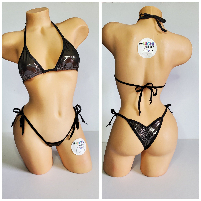 Chrome Silver w Black Trim Medium Coverage Top Y Back Thong Bottom 2 Piece Micro Bikini Set-6