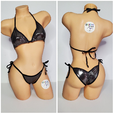 Chrome Silver w Black Trim Medium Coverage Top Y Back Thong Bottom 2 Piece Micro Bikini Set-8