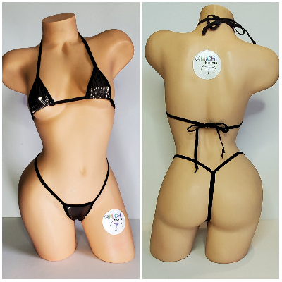 Chrome Silver w Black Trim Medium Coverage Top Y Back Thong Bottom 2 Piece Micro Bikini Set-9