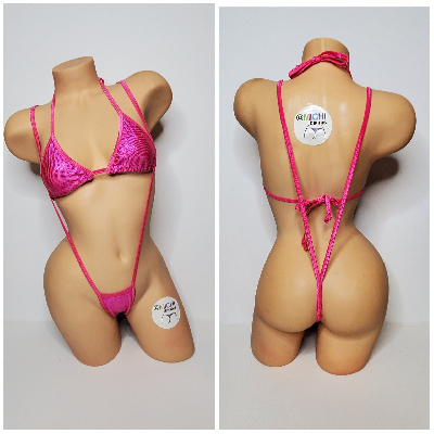 Shattered Holographic Hot Pink w Hot Pink Trim 2 Piece Micro String Bikini Set One Size-6