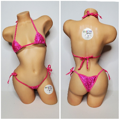 Shattered Holographic Hot Pink w Hot Pink Trim 2 Piece Micro String Bikini Set One Size-7