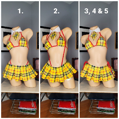 Yellow Plaid w/ Your Choice Trim Color Sexy School Girl Costume Pleaded Skirt 5 Piece Set-0