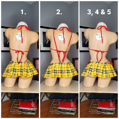 Yellow Plaid w/ Your Choice Trim Color Sexy School Girl Costume Pleaded Skirt 5 Piece Set-1