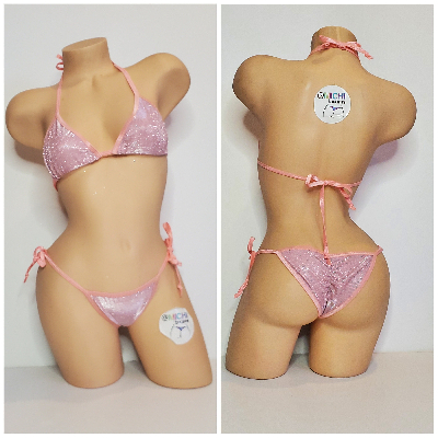 Glittery Baby Pink with Baby Pink Trim  2 Piece Micro String Bikini Set One Size-0